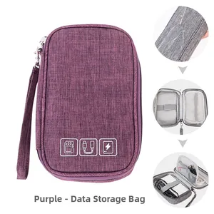 Purple waterproof travel cable organizer bag with mesh pockets and elastic straps