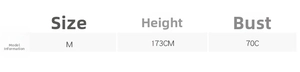Size guide table showing model information height 173cm and bust size 70C in white