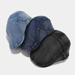 Vintage denim flat caps in three washed colors with adjustable metal side buckles