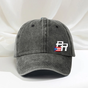 Close-up of the vintage washed baseball cap featuring the PR Puerto Rico flag logo