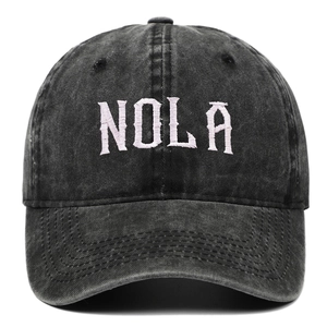 Washed dark grey denim baseball cap with NOLA embroidery and vintage distressed finish
