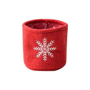 Red wool felt Christmas tree skirt and planter cover with white snowflake embroidery