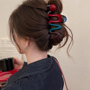 Large Wavy Hair Claw Clip Resin Colorful Color Block Shark Clip Strong Hold Hair Accessory For Women Non-Slip Glossy