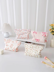 Floral Canvas Cosmetic Bag Cute Jacquard Bow Makeup Pouch Portable Travel Zipper Toiletry Organizer For Women