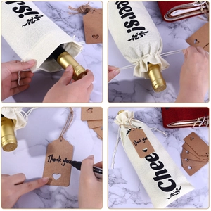 Christmas burlap wine gift bags with Cheers print, tags, and jute rope for party decor