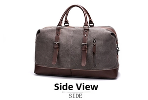 Side view of large canvas travel bag with premium dark brown leather handles and straps