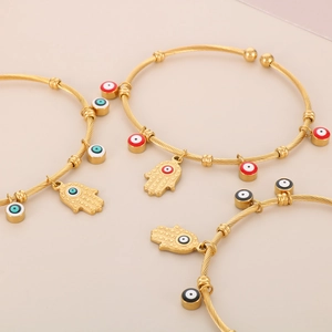 18K gold stainless steel evil eye hamsa hand twisted cable cuff bracelet for women
