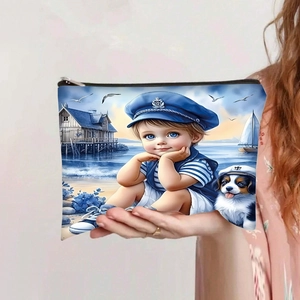 Detail van de matroos jongen print op canvas make-up tasje met zwarte ritssluiting