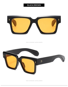 Detailed front and side views of vintage square sunglasses with yellow lenses and rivets