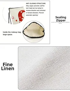 Close-up of heart print linen cosmetic bag featuring a secure alloy zipper and large interior