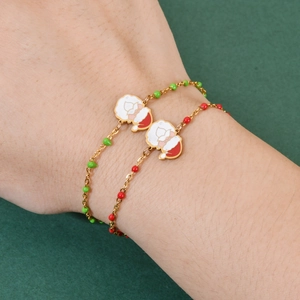 Christmas Santa Claus bracelet set with red green beads and gold stainless steel chain
