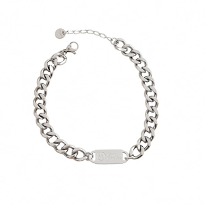 Silver stainless steel cuban chain bracelet with smiley face and Happy Every Day engraving