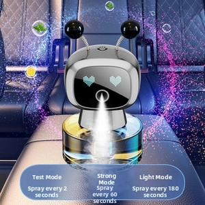 Smart car aroma diffuser showing three mist modes with silver robot design