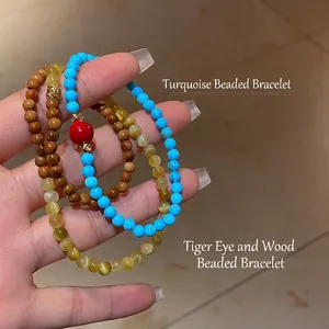Ensemble de bracelets ethniques en turquoise et œil de tigre avec accents dorés