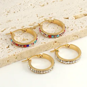 18K Gold Plated Stainless Steel Hoop Earrings With Sparkling Rhinestone Leverback Huggie Jewelry For Women Fashion
