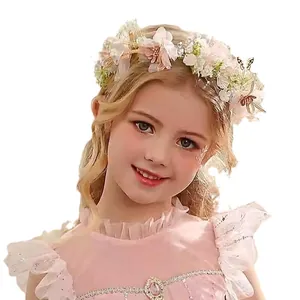 Pink and white flower girl crown headband with faux pearls and ribbons for weddings