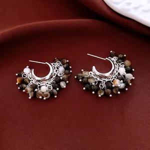 Vintage silver beaded fan-shaped drop earrings with multi-color stones on silk
