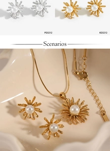 Détails de l'ensemble boucles d'oreilles et collier tournesol avec perles raffinées