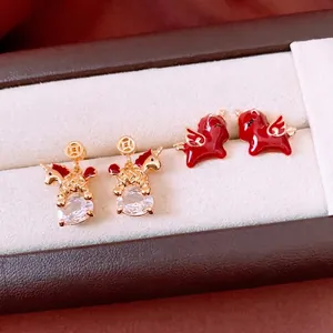 Pegasus Unicorn Earrings 18K Gold Plated Copper With Silver Earring Post Red Enamel Zircon Vintage Style Jewelry