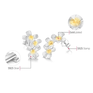 Detail view of S925 silver daisy earrings showing gold plated core and S925 hallmark stamp