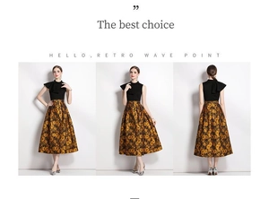 Detailed views of women's black sleeveless top and gold jacquard maxi skirt set