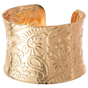 Polished gold cuff bracelet with intricate floral paisley embossing and open design