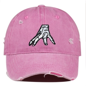 Pink distressed baseball cap with Wednesday Addams Thing embroidery and ripped details