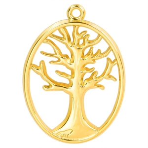 Close-up of golden oval tree of life pendant with intricate hollowed-out branch details