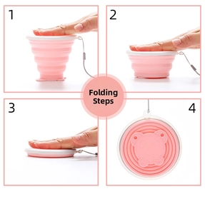 Detailed four-step guide showing how to fold the pink portable silicone travel cup