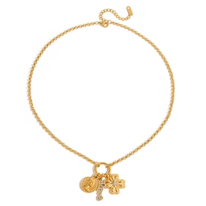 18K gold plated stainless steel necklace with clover coin and crystal pendants