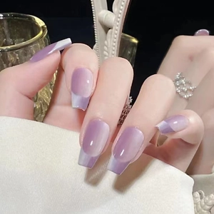 Press On Nails French Gradient Long Coffin Shape Glossy Ice Transparent Wearable False Nails For Women