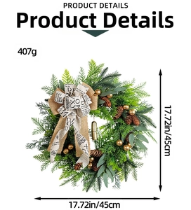 Detail view of 45cm Christmas wreath with pine cones and golden bells showing dimensions