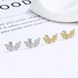 925 Sterling Silver Wing Stud Earrings For Women Pave Rhinestone Screw Back Piercing Jewelry Accessories