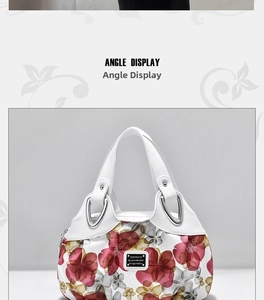 Detail shot of the floral print pattern and brand logo plate on white leather tote bag