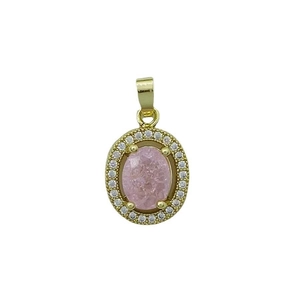 Elegant gold pendant featuring an oval pink gemstone surrounded by white crystals