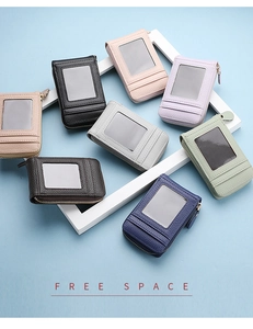 Litchi pattern card holder with transparent ID window and side zipper in multiple colors