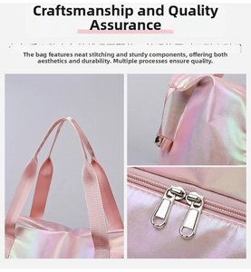 Detail view of pink holographic travel bag featuring metal dual zippers and reinforced straps