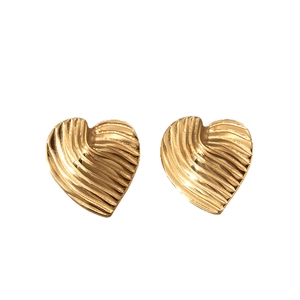 18k gold plated stainless steel heart stud earrings with rippled texture on white background