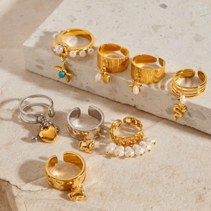 Ensemble de bagues en acier inoxydable or et argent avec perles et motifs d'étoiles sur pierre