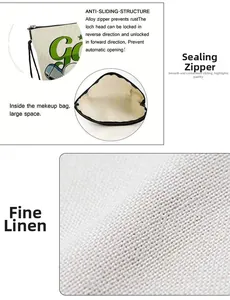 Macro view of linen makeup bag with anti-slip alloy zipper and spacious interior