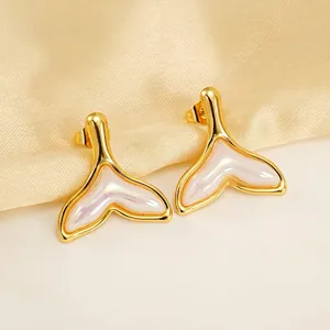Fish Tail Stud Earrings 18K Gold Plated Stainless Steel With Pearlescent Resin Minimalist Fashion Jewelry For Women
