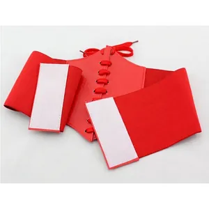 Red elastic corset belt with faux leather lace-up front and adjustable velcro closure