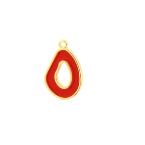 Detailed view of an organic red enamel evil eye charm pendant with gold-plated metal edges