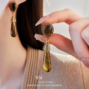 Vintage gold teardrop earrings with tiger eye stone and crystal accents for women