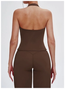 Close-up back view of coffee brown halter yoga top and high-waist leggings set