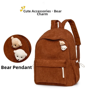 Detail eines braunen Cord-Rucksacks mit zwei Bären-Anhängern und großer Vordertasche