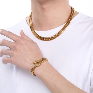 Men's gold-plated titanium steel Cuban link chain necklace and T-bar bracelet set