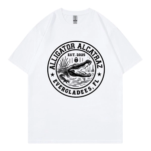 White cotton crew neck T-shirt with black Alligator Alcatraz circular graphic print
