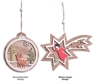 Detail of laser-cut wooden Christmas ornaments with reindeer and angel patterns