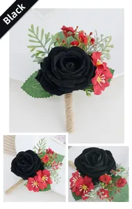 Gros plan sur la boutonnière rose noire artificielle avec tige enveloppée de ficelle